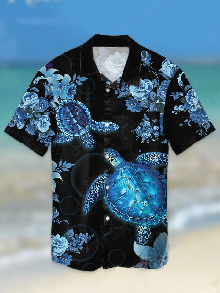 hippieartzone - BLUE TURTLE FLOWER TROPICAL HAWAII SHIRT.