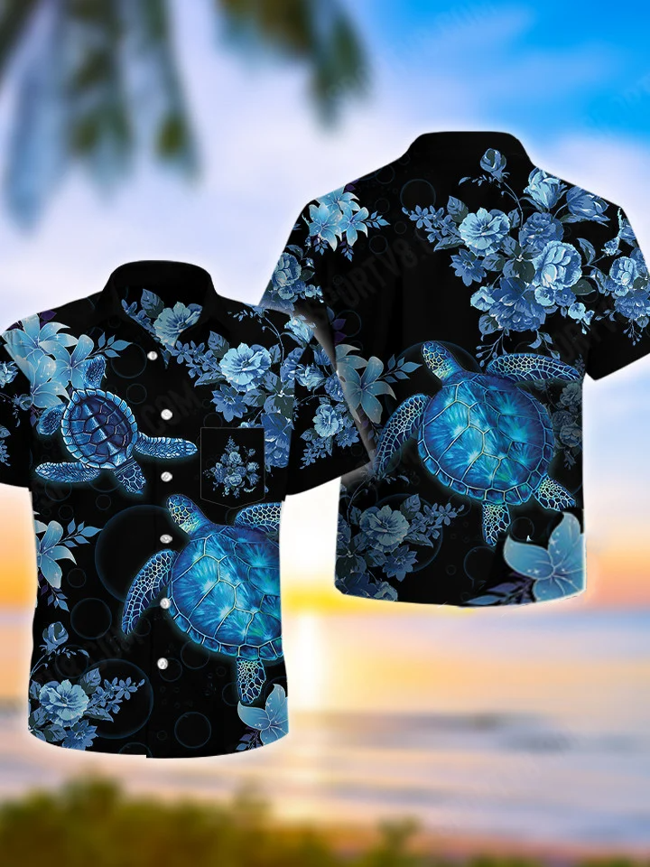 hippieartzone - BLUE TURTLE FLOWER TROPICAL HAWAII SHIRT.