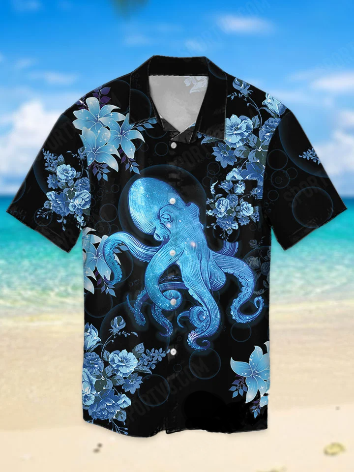 hippieartzone - BLUE OCTOPUS BEACH TROPICAL HAWAII SHIRT.