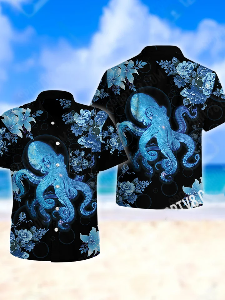 hippieartzone - BLUE OCTOPUS BEACH TROPICAL HAWAII SHIRT.