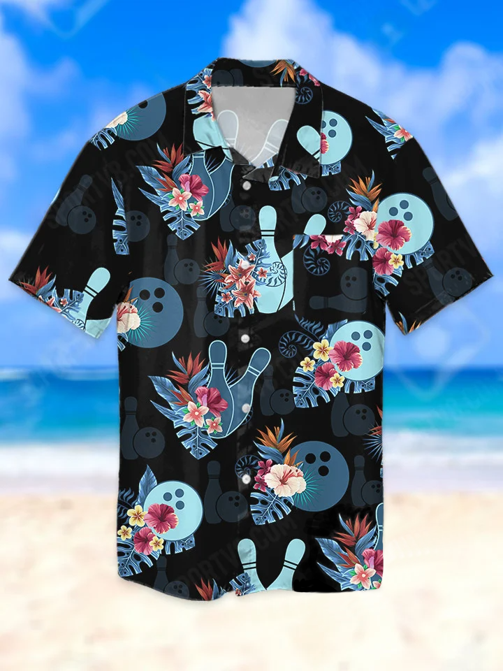 hippieartzone - BLUE BOWLING TROPICAL FLOWER HAWAII SHIRT.