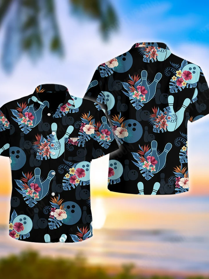 hippieartzone - BLUE BOWLING TROPICAL FLOWER HAWAII SHIRT.
