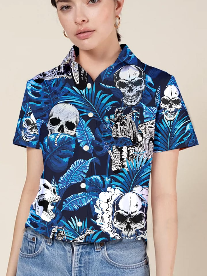 hippieartzone - BLUE SKULL MOTORCYCLES TROPICAL HAWAII SHIRT.