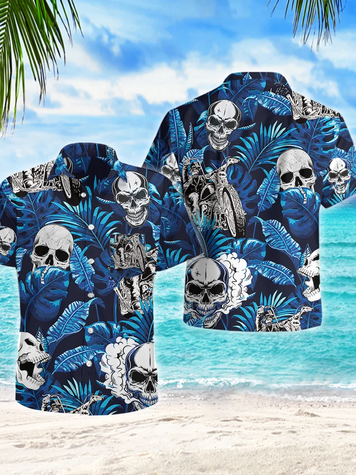 hippieartzone - BLUE SKULL MOTORCYCLES TROPICAL HAWAII SHIRT.