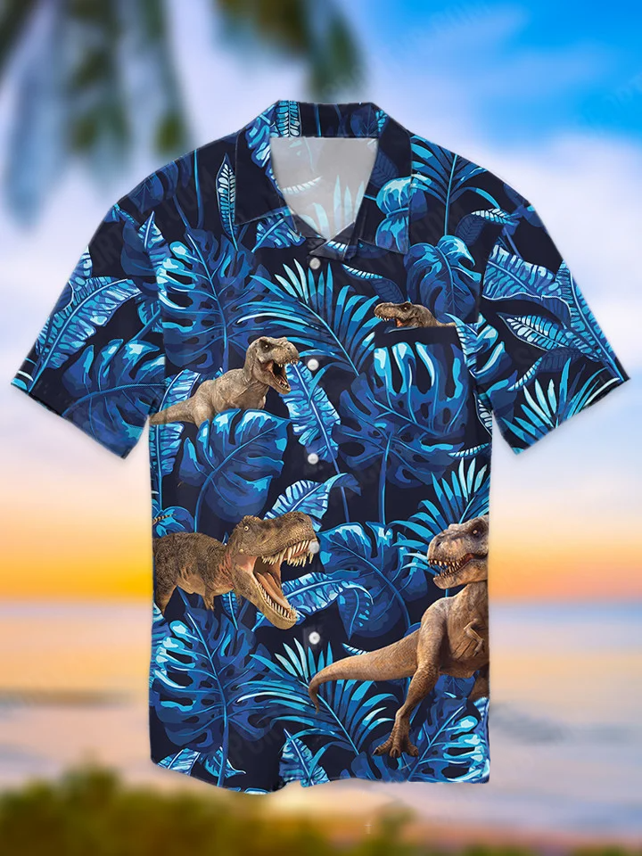 hippieartzone - BLUE DINOSAUR TROPICAL HAWAII SHIRT.