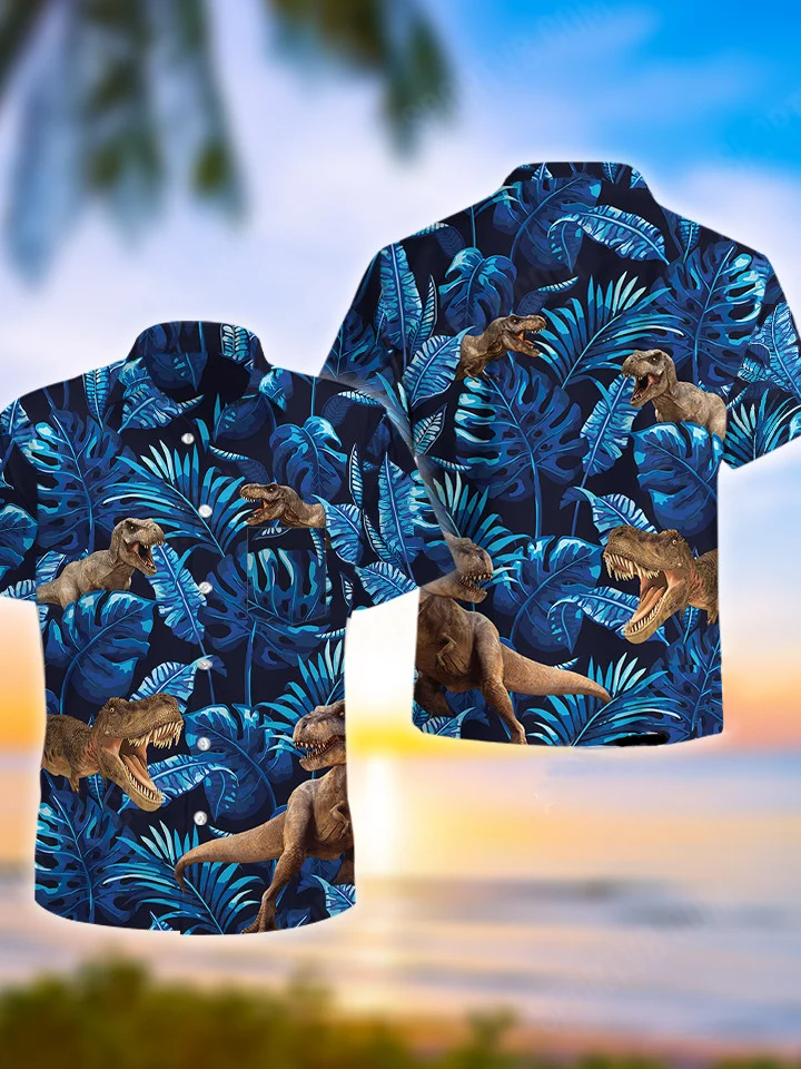hippieartzone - BLUE DINOSAUR TROPICAL HAWAII SHIRT.