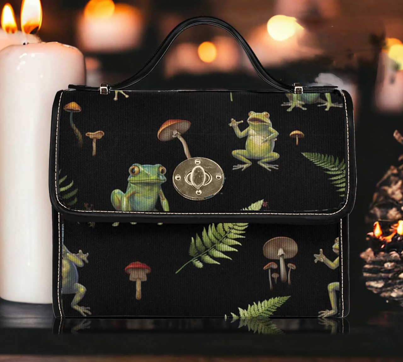 Goblincore Cute Frog Mushroom Forest Canvas Satchel Handbag For Boho Hippie