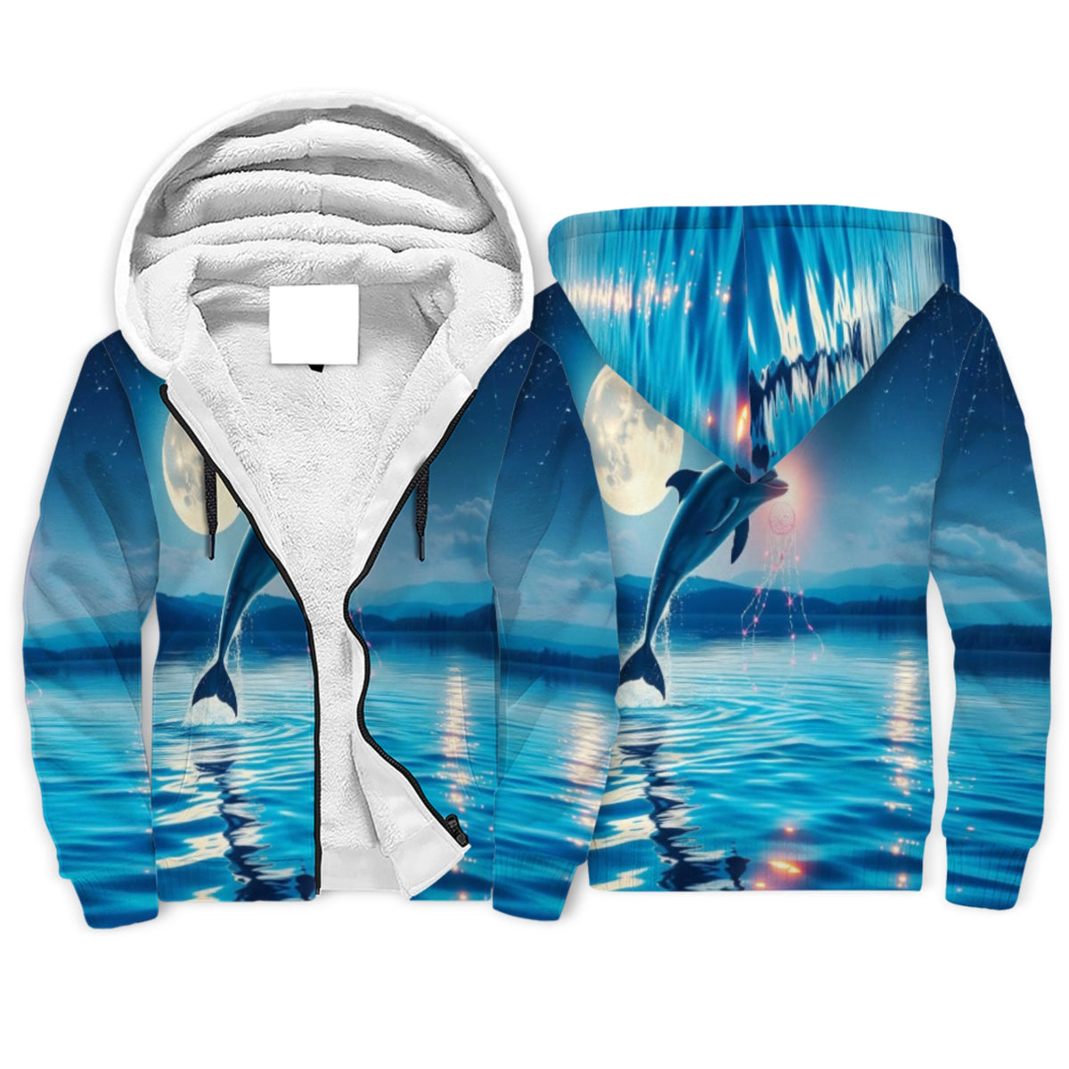 Boho Moon Dolphin Sherpa Lined Zip-up Hoodie For Hippies