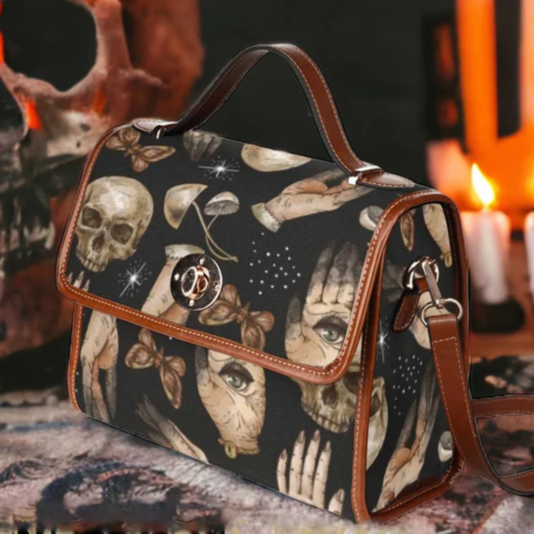 Witch Hand Eye Skull Canvas Satchel Handbag For Boho Hippie