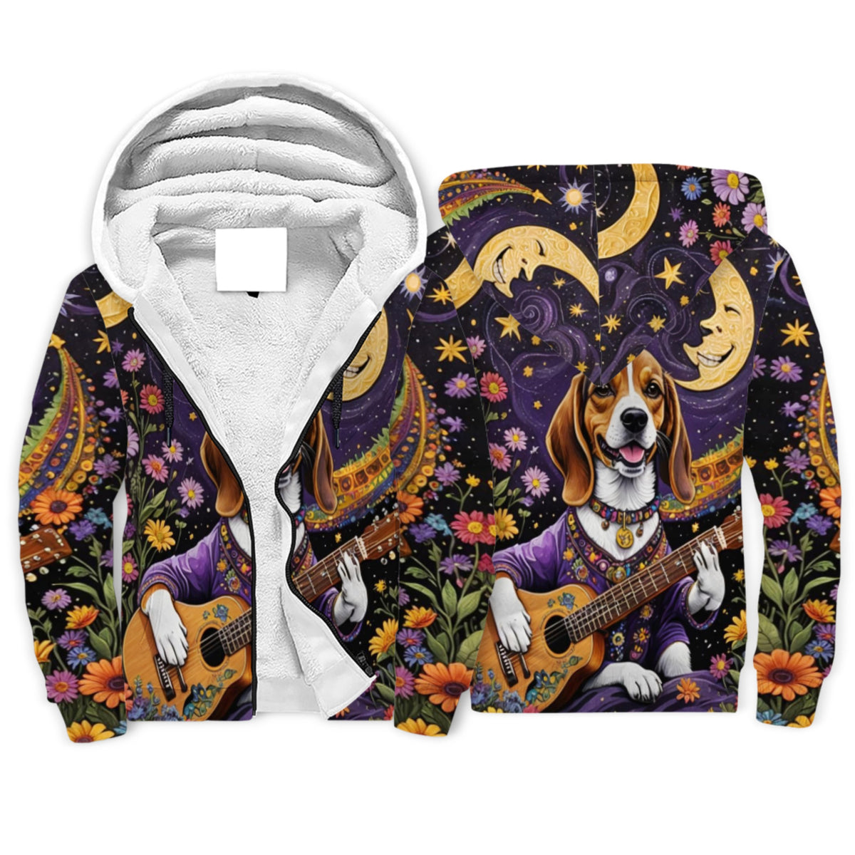 Guitar playing Dog In A Field Of Flowers Sherpa Lined Zip-up Hoodie For Hippies