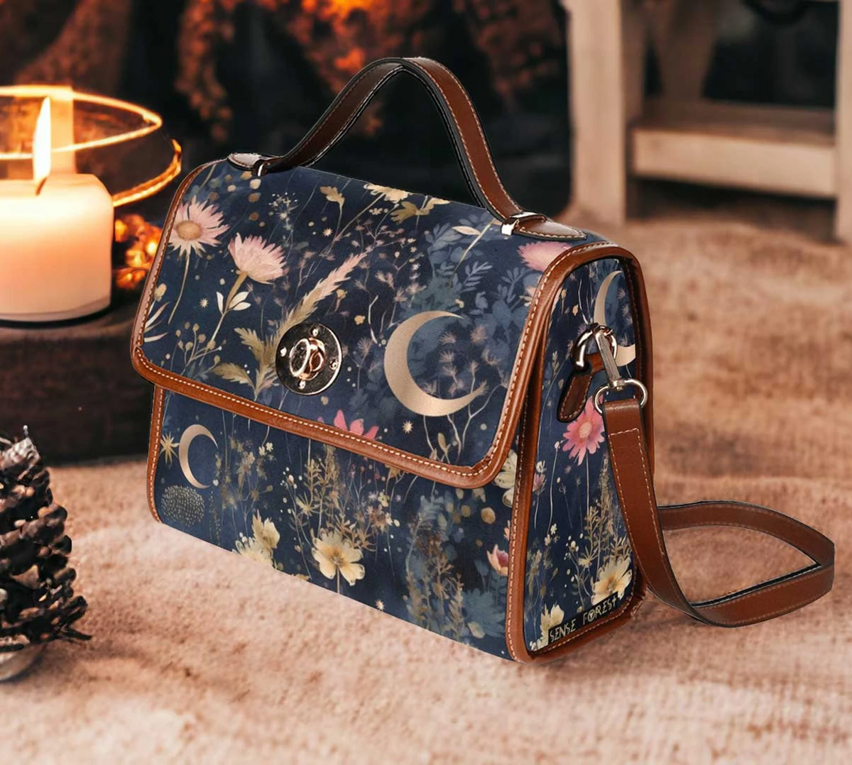 Wildflower Forest Moon Star Witchy Satchel Handbag For Boho Hippie