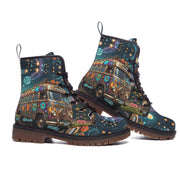 Hippie Art Zone - Vegan Leather Combat Boots & Retro Van Bus Under the Starry Sky â?? Adventure Awaits