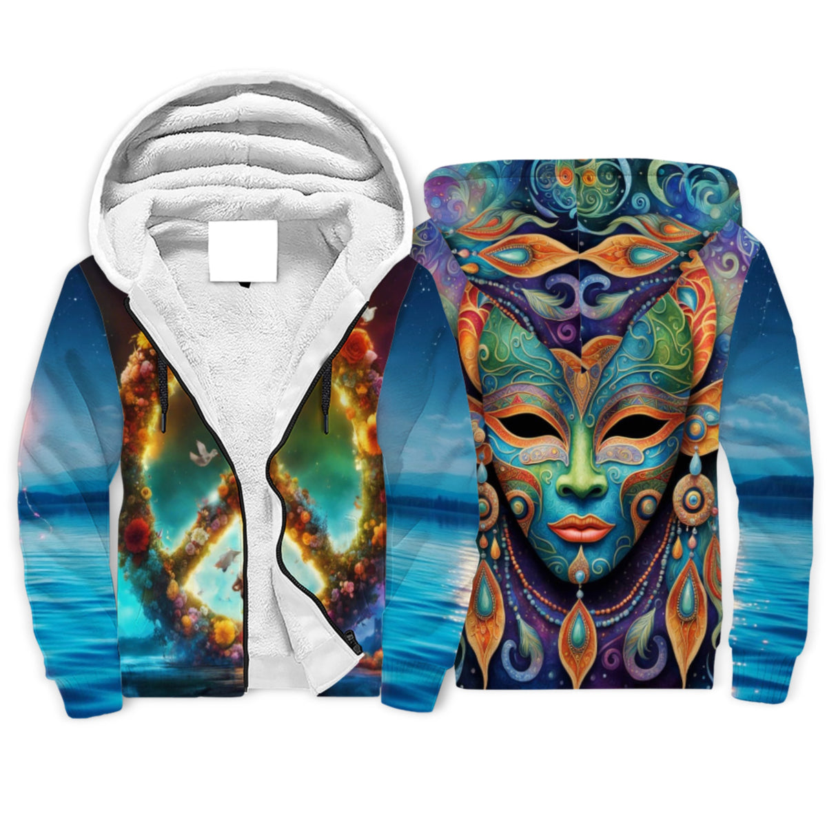 Batik Face Mask Sherpa Lined Zip-up Hoodie For Hippies