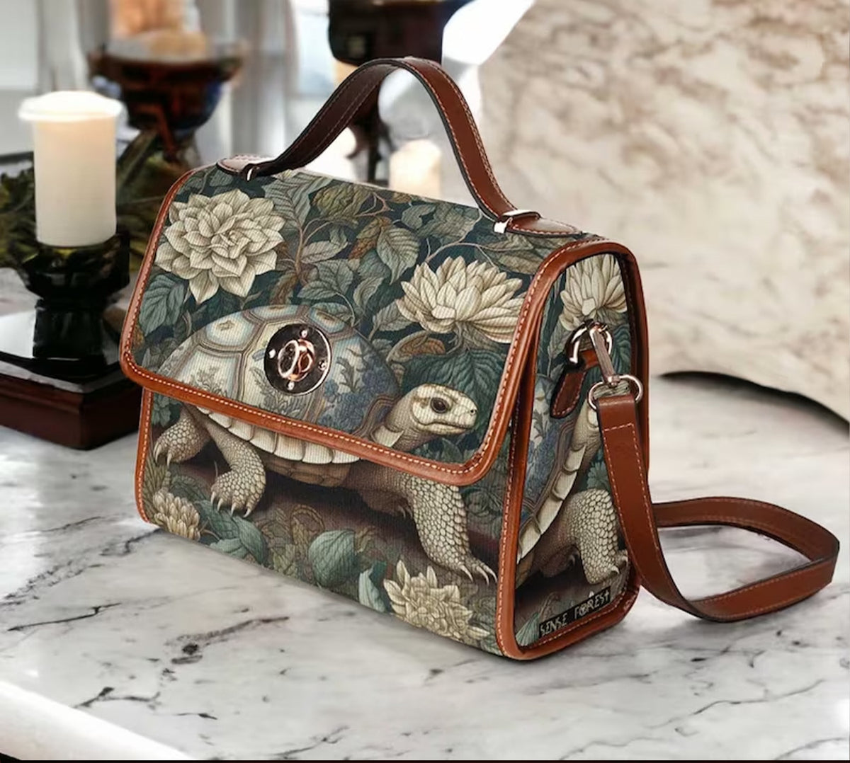 White Box Turtle Witchy Canvas Satchel Handbag For Boho Hippie