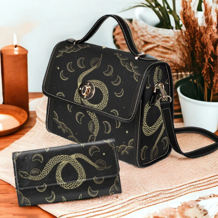 Snake Mystical Moon Phases Witchy Satchel Handbag For Boho Hippie