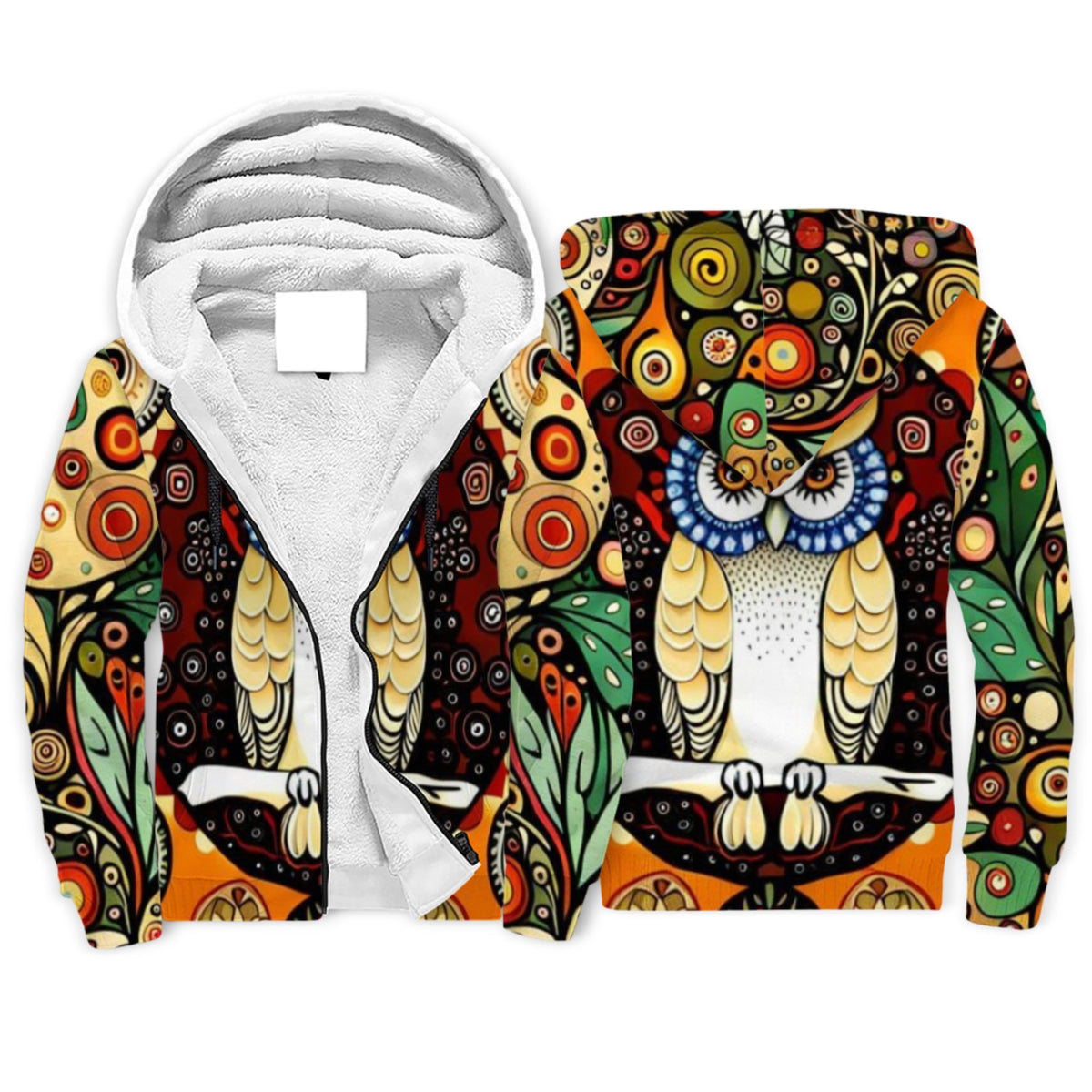 Boho Botanical Owl Sherpa Lined Zip-up Hoodie For Hippies