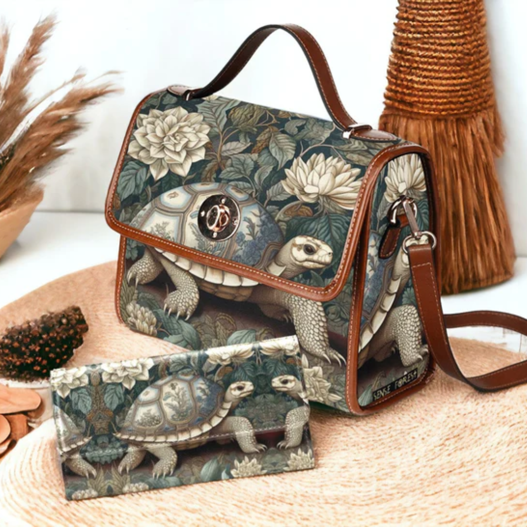 White Box Turtle Witchy Canvas Satchel Handbag For Boho Hippie