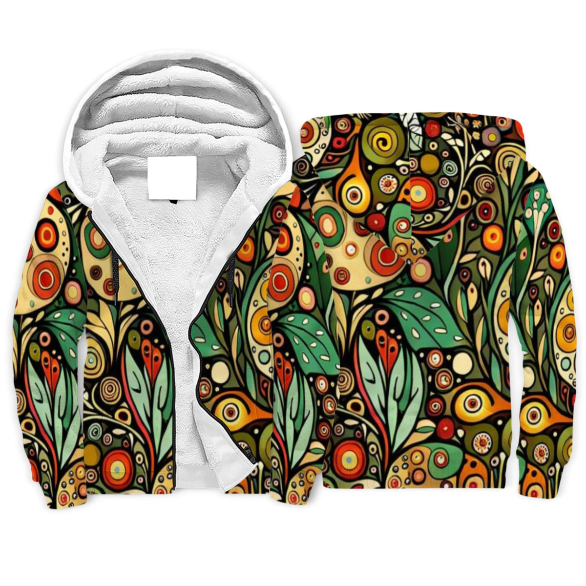 Boho Botanical Sherpa Lined Zip-up Hoodie For Hippies