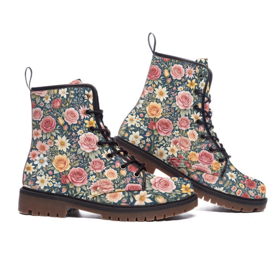 Hippie Art Zone - Floral Pink Vegan Leather Combat Boots, Boho Style For Hippie
