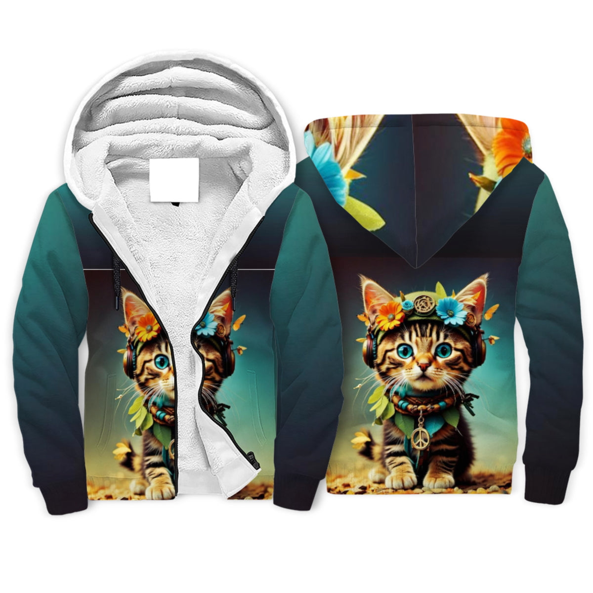 Kitten Hippie Sherpa Lined Zip-up Hoodie For Hippies