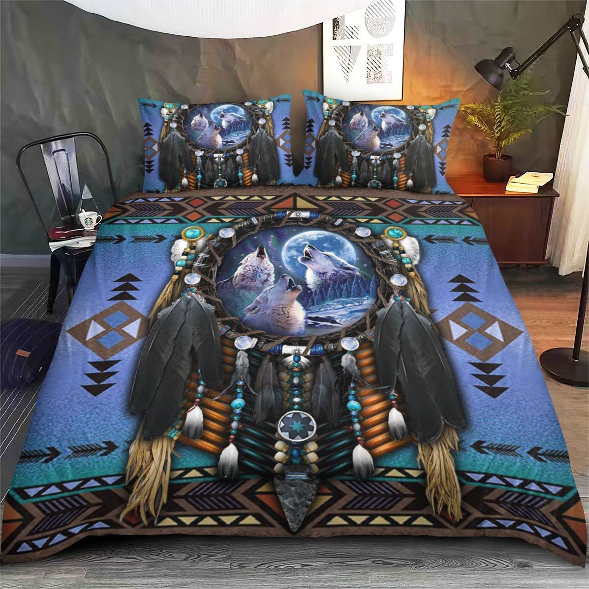 hippieartzone - Native American Wolf Dreamcatcher Art Bedding Set