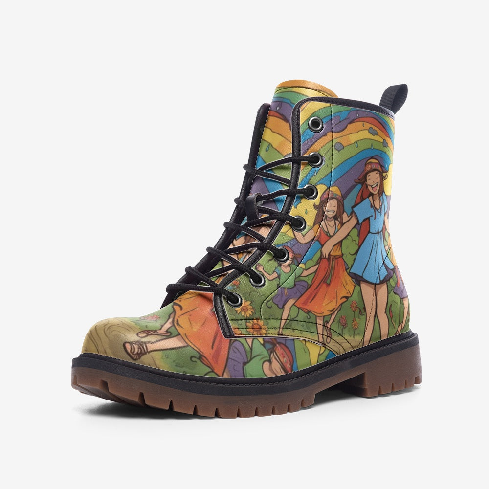 Hippie Art Zone - Rainbow Dancing, Retro Vibes, 70s Style Casual Leather Lightweight Boots For Hippies