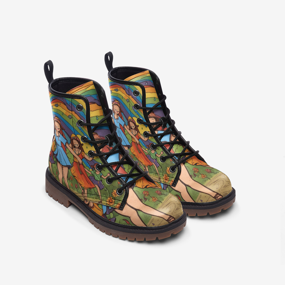 Hippie Art Zone - Rainbow Dancing, Retro Vibes, 70s Style Casual Leather Lightweight Boots For Hippies