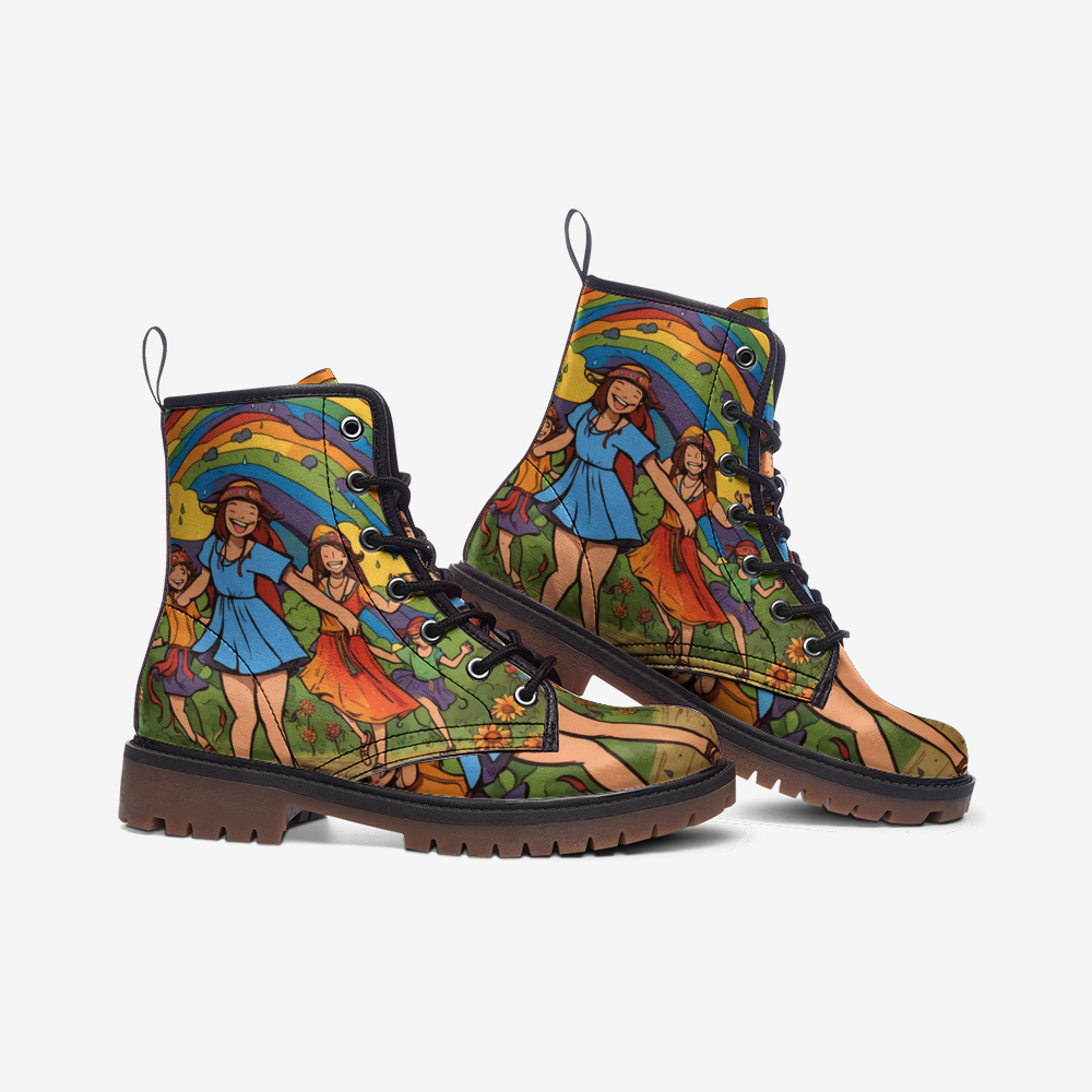 Hippie Art Zone - Rainbow Dancing, Retro Vibes, 70s Style Casual Leather Lightweight Boots For Hippies