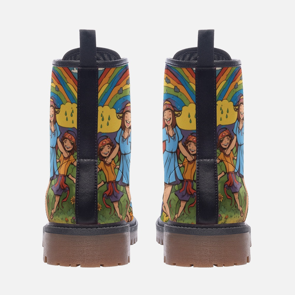 Hippie Art Zone - Rainbow Dancing, Retro Vibes, 70s Style Casual Leather Lightweight Boots For Hippies