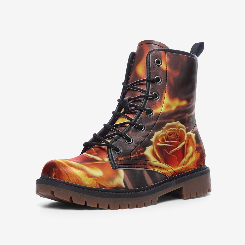 Hippie Art Zone - Burning Rose Flower on Leather Lightweight Boots for Hippies