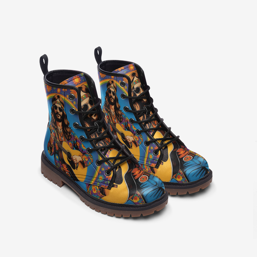 Hippie Art Zone - Hippie With The Guitar Casual Leather Lightweight Boots For Hippies