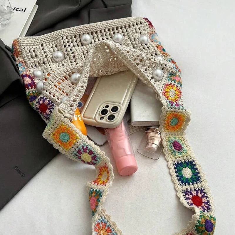 hippieartzone - Casual Hollow Out Pearls Knitted Women Shoulder Bag.