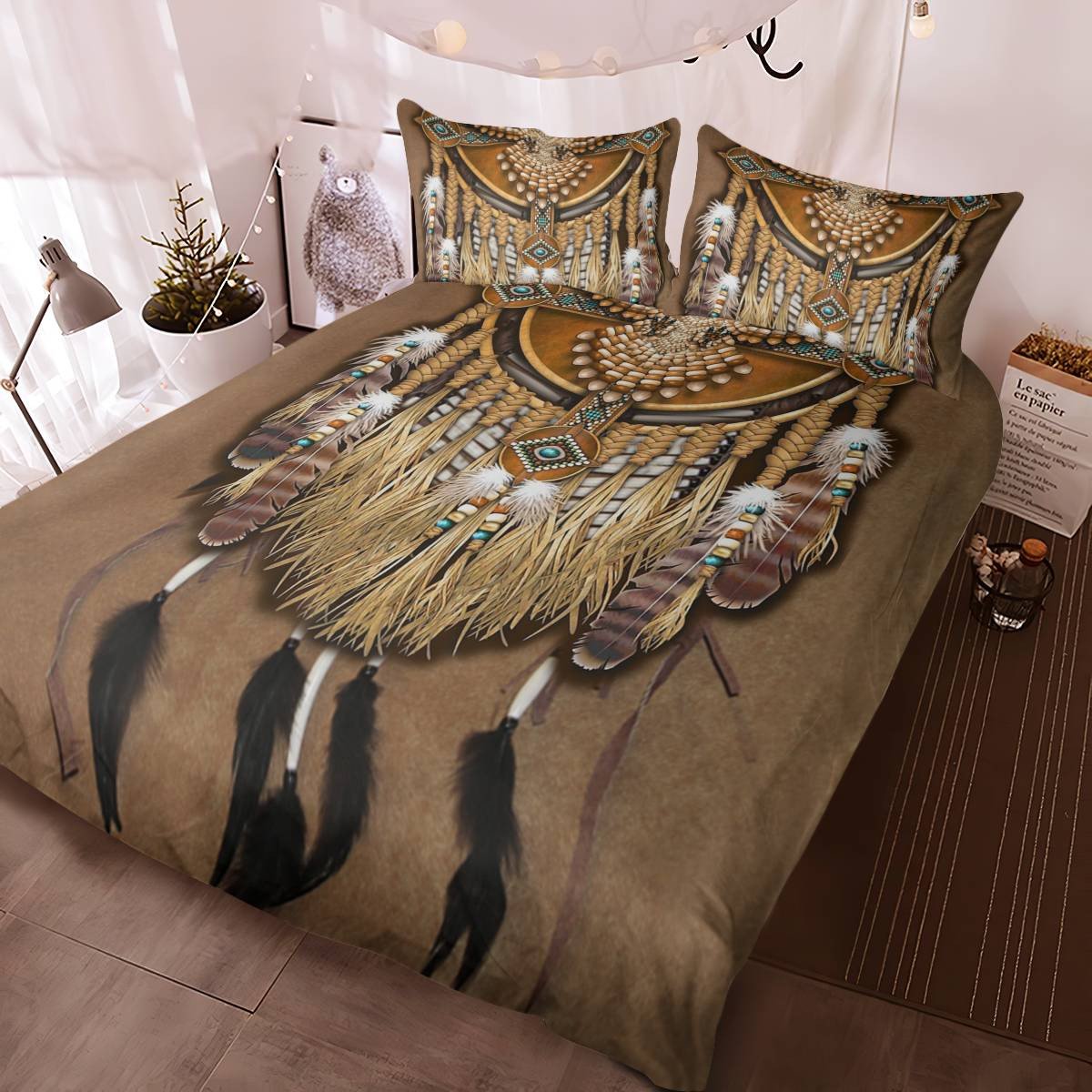hippieartzone - Native American Owl Dreamcatcher Pattern Bedding Set
