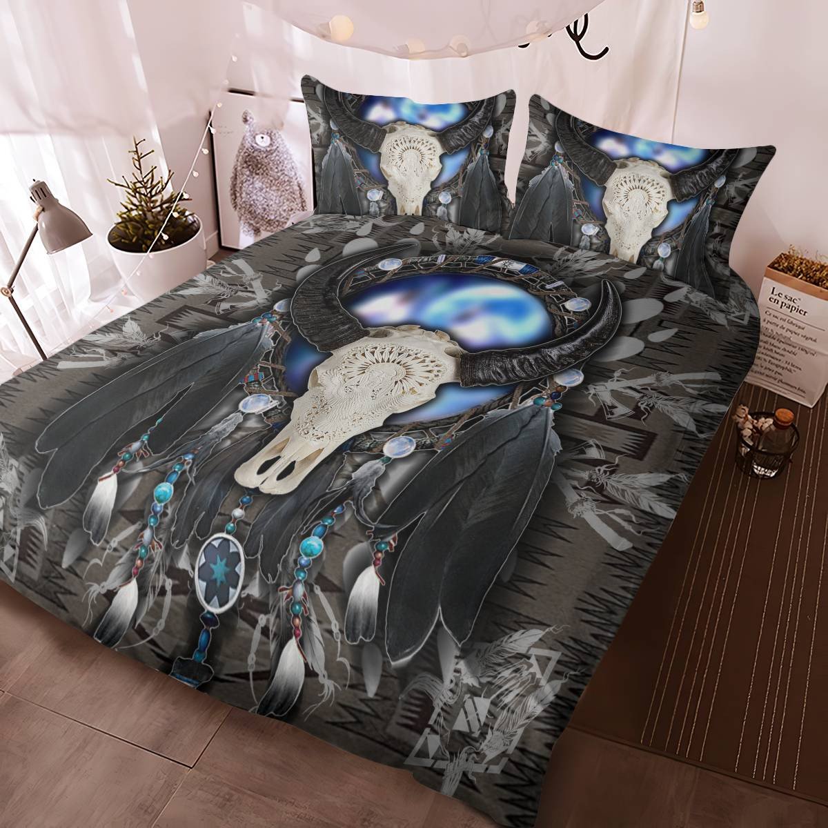 hippieartzone - Native American Bison Skull Bedding Set