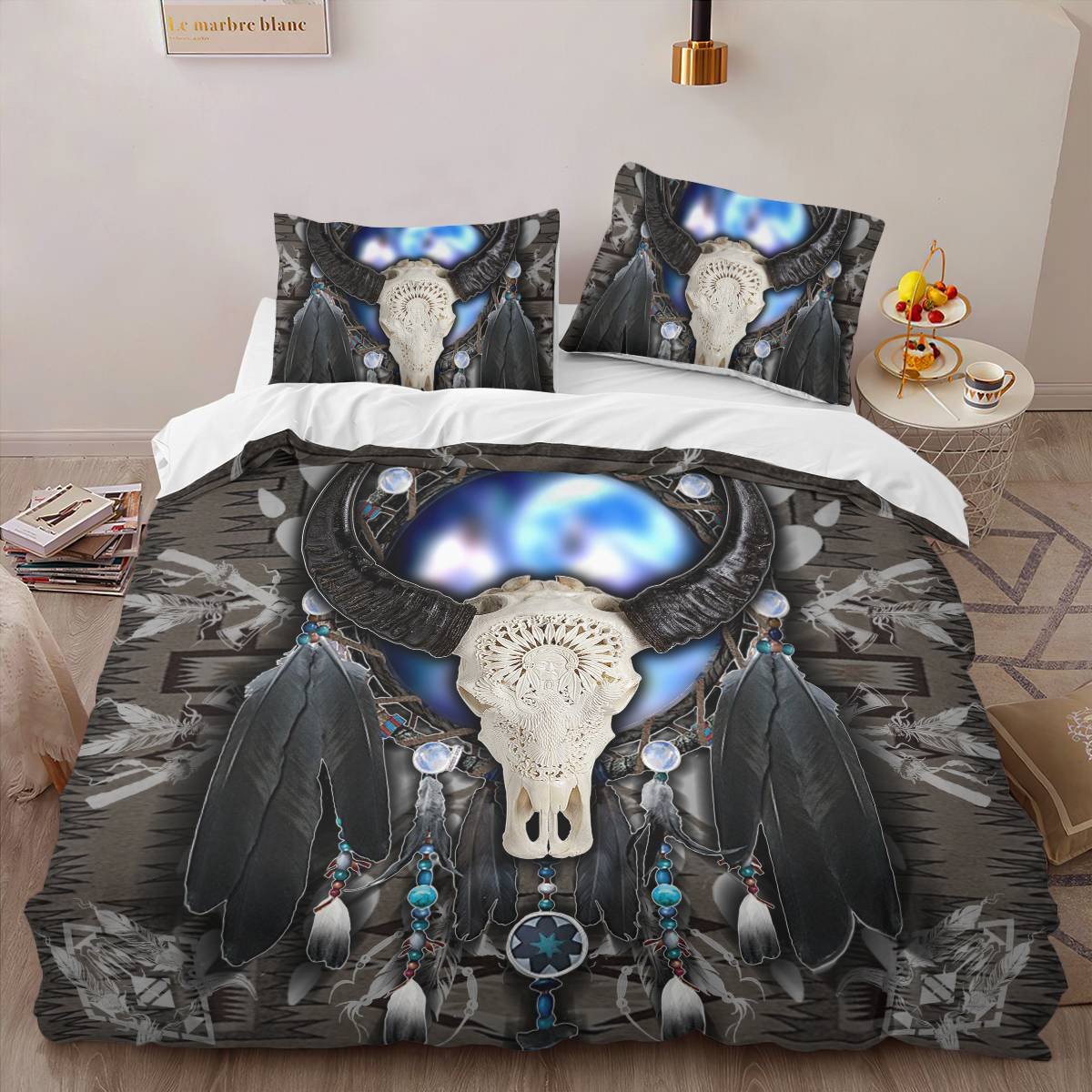 hippieartzone - Native American Bison Skull Bedding Set