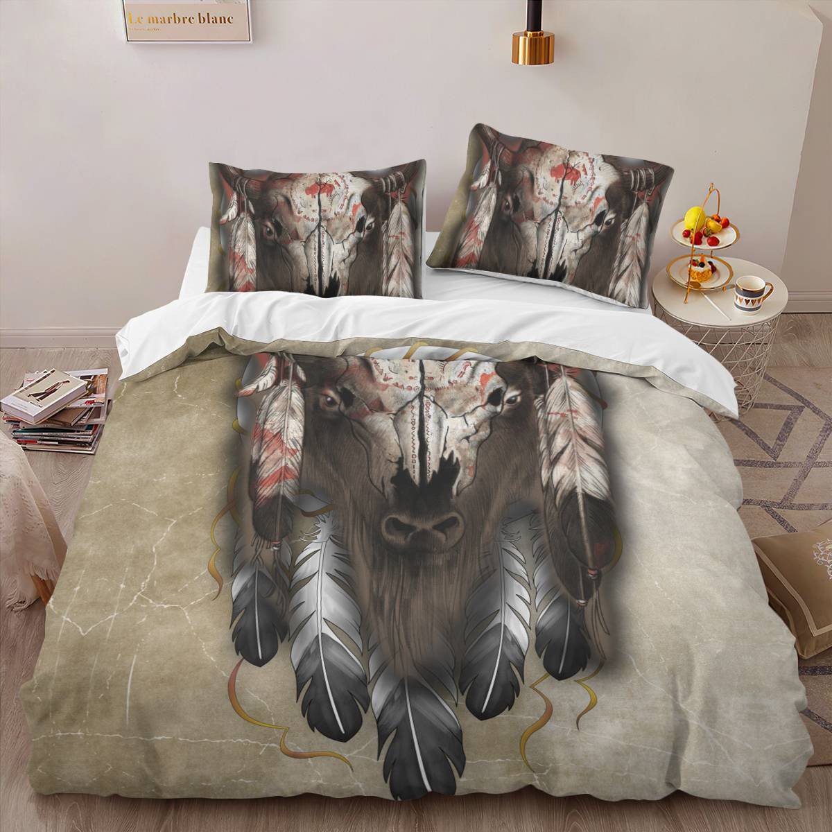 hippieartzone - Native American Bison Skull Bedding Set