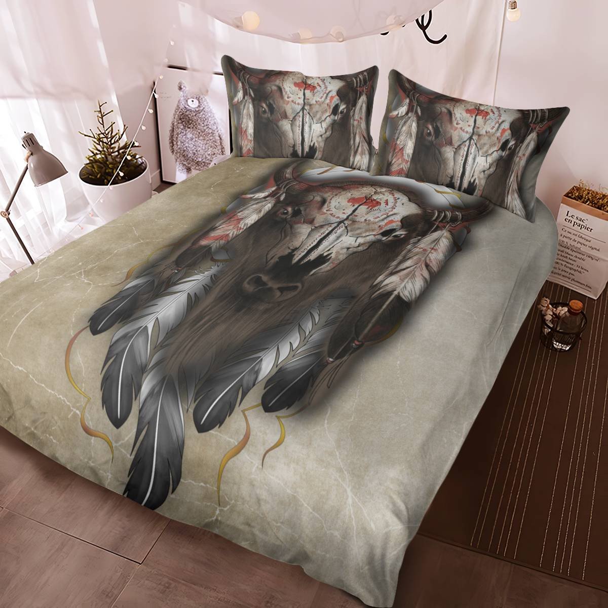 hippieartzone - Native American Bison Skull Bedding Set