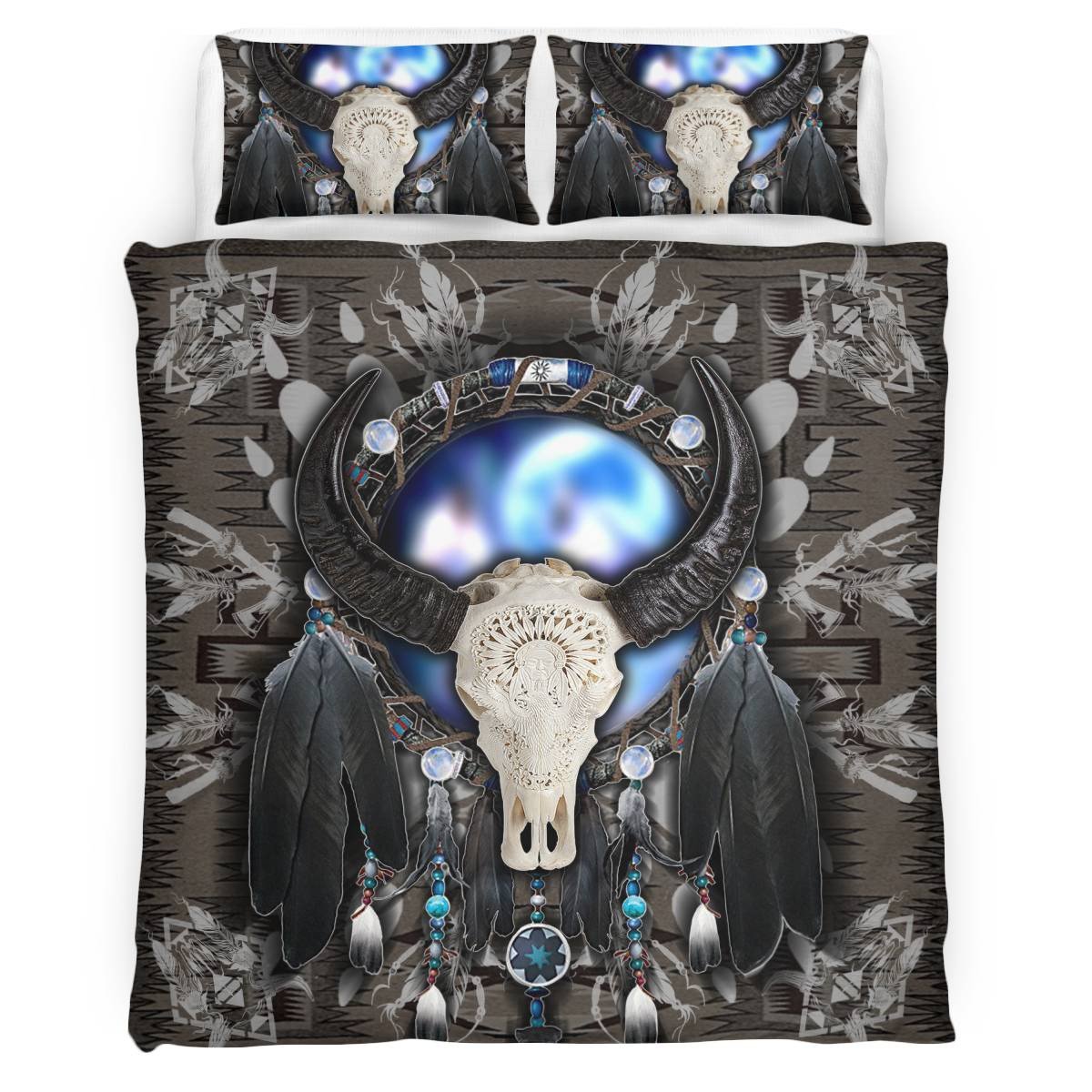 hippieartzone - Native American Bison Skull Bedding Set