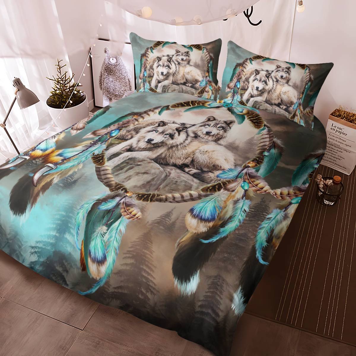 hippieartzone - Native American Wolf Dreamcatcher Bedding Set