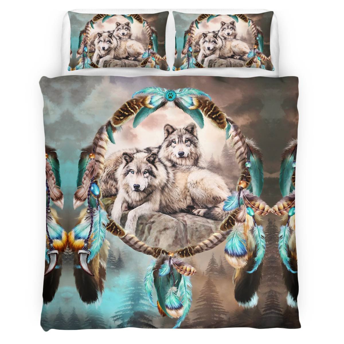 hippieartzone - Native American Wolf Dreamcatcher Bedding Set