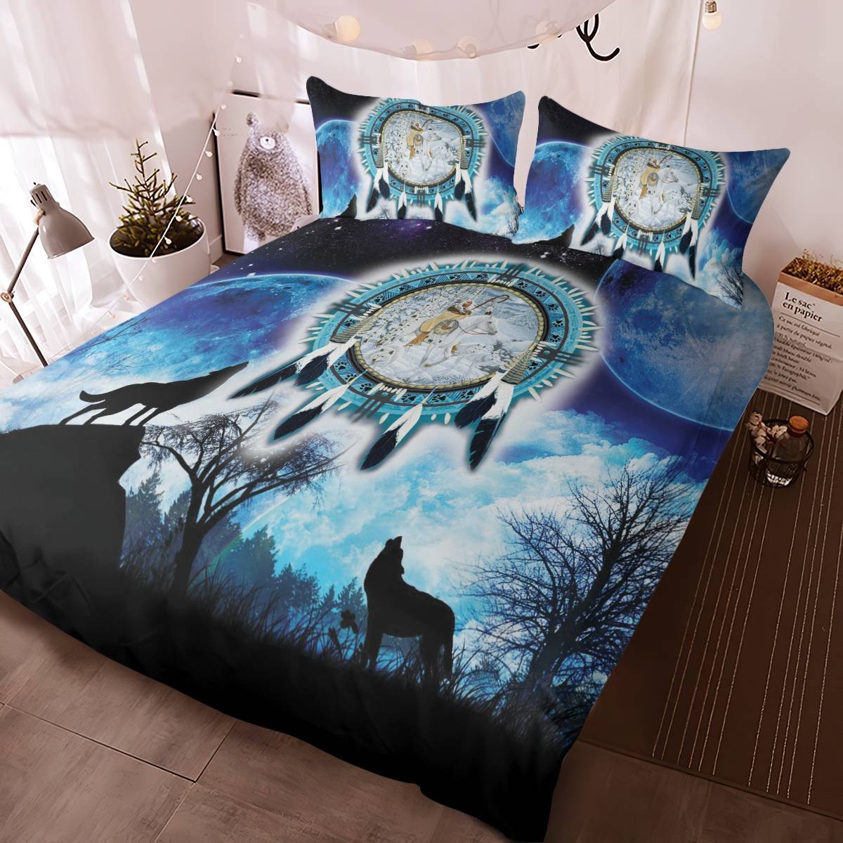 hippieartzone - Native American Wolf Natural Pattern Bedding Set