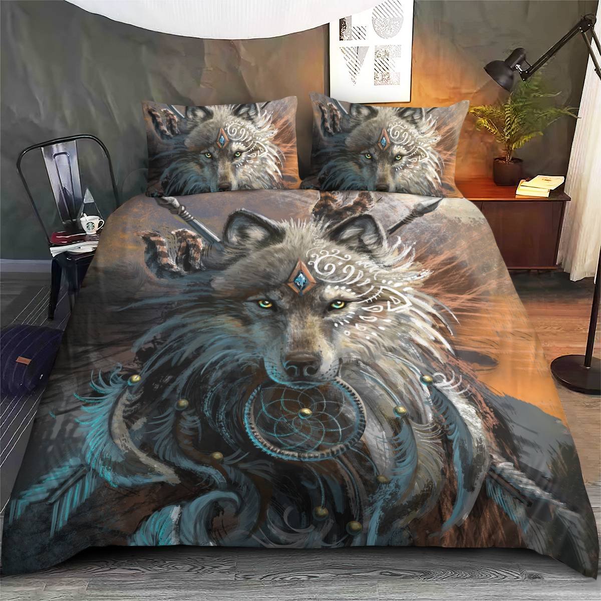 hippieartzone - Native American Wolf Spirit Bedding Set