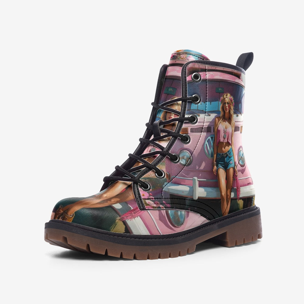 Hippie Art Zone - Pink Girl, Summer Trips, Van Life Casual Leather Lightweight Boots For Hippies