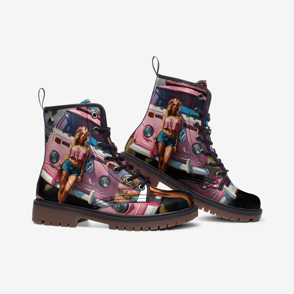 Hippie Art Zone - Pink Girl, Summer Trips, Van Life Casual Leather Lightweight Boots For Hippies