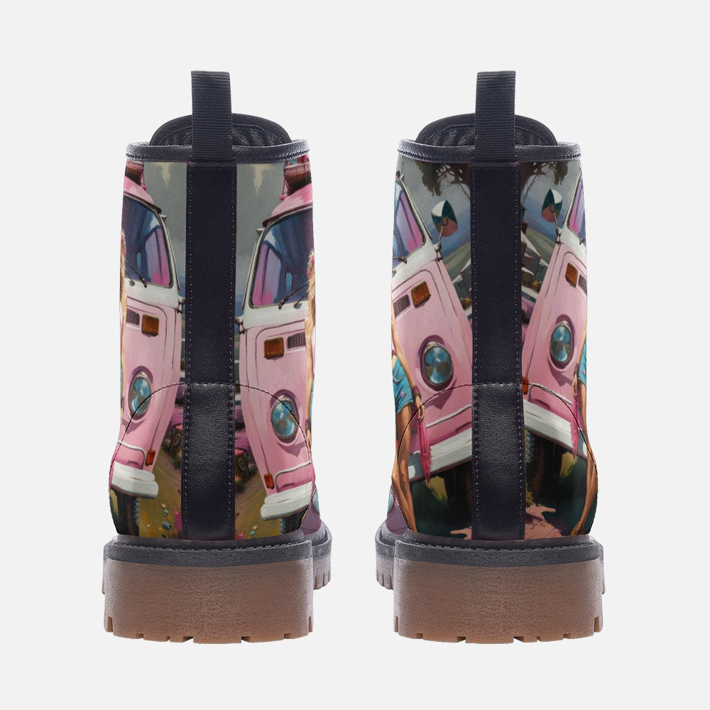 Hippie Art Zone - Pink Girl, Summer Trips, Van Life Casual Leather Lightweight Boots For Hippies