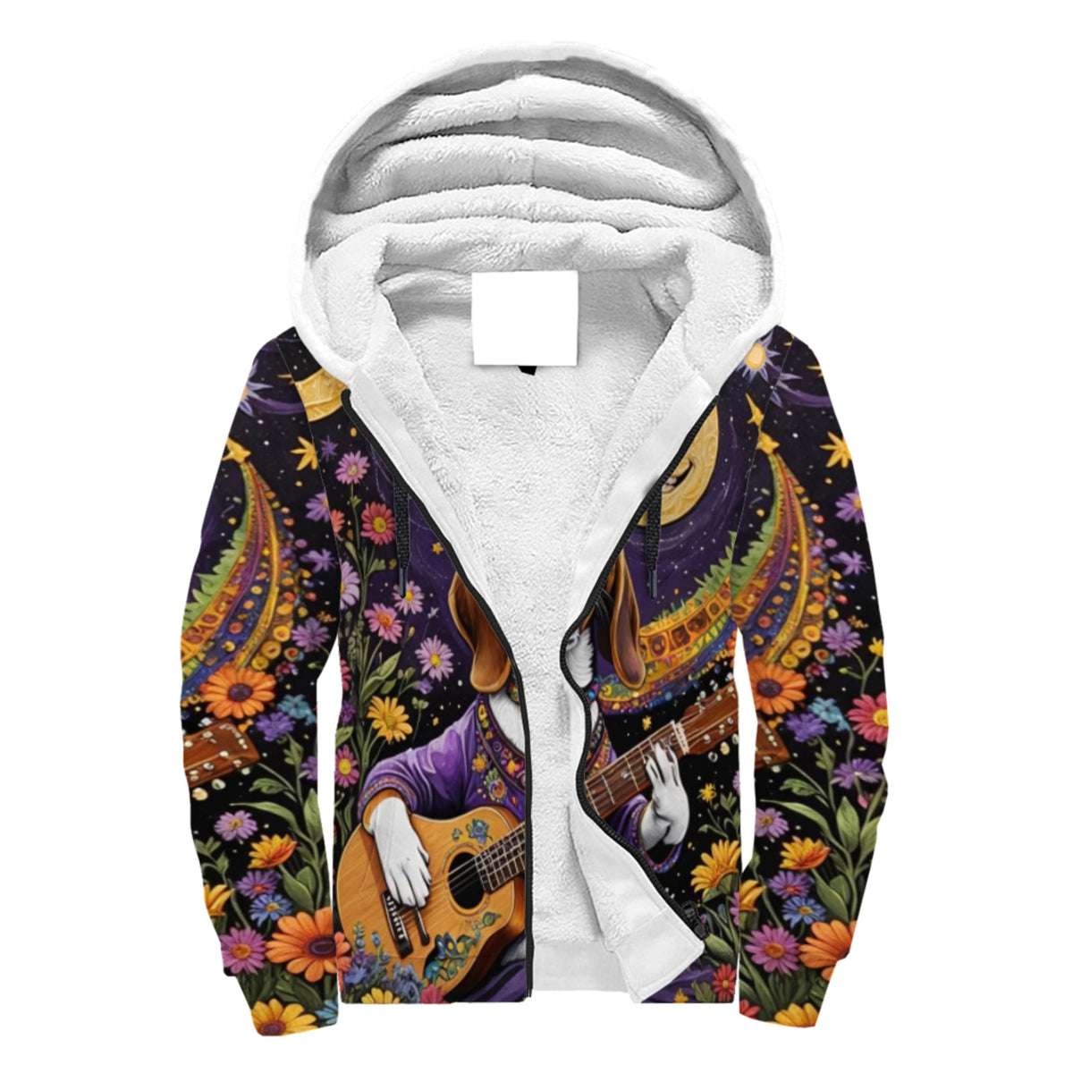 Guitar playing Dog In A Field Of Flowers Sherpa Lined Zip-up Hoodie For Hippies