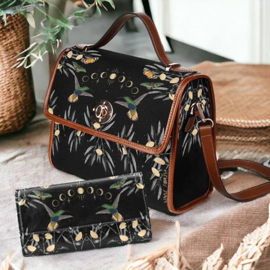 Olive Tree Moon Phase Hummingbird Retro Canvas Satchel Handbag For Boho Hippie