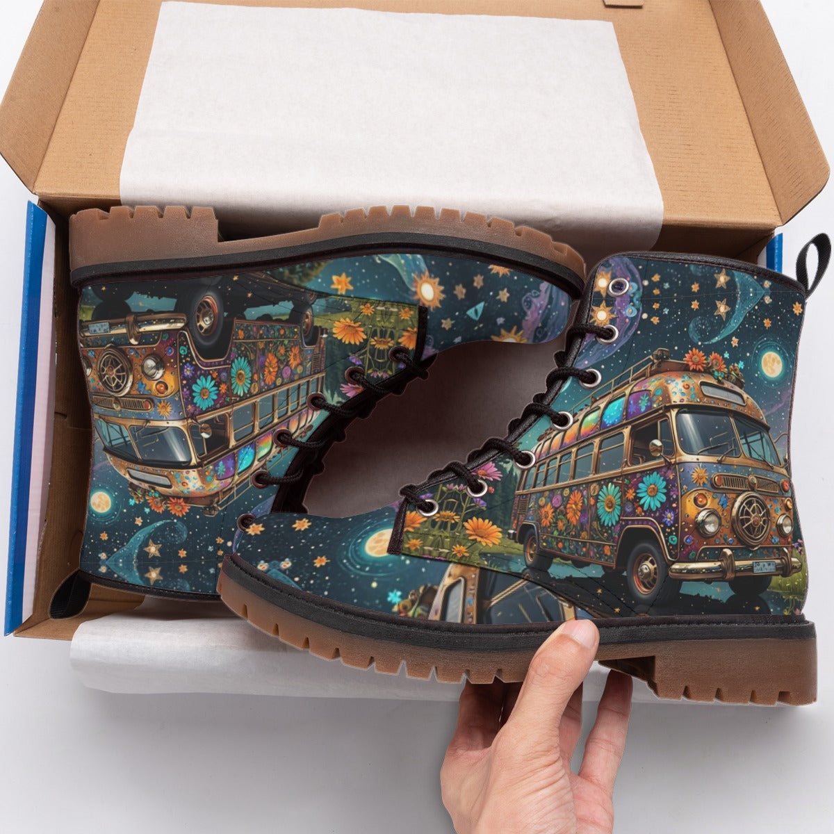Hippie Art Zone - Vegan Leather Combat Boots & Retro Van Bus Under the Starry Sky â?? Adventure Awaits