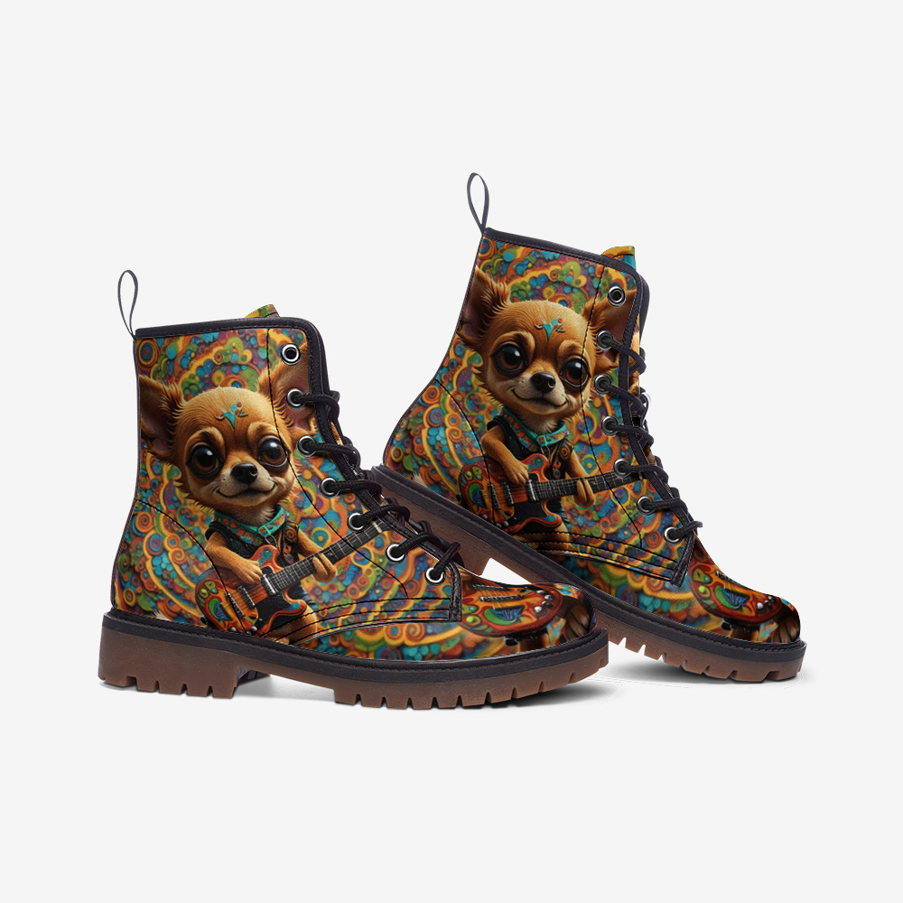 Hippie Art Zone - Chihuahua The Guitarist Casual Leather Lightweight Boots For Hippies