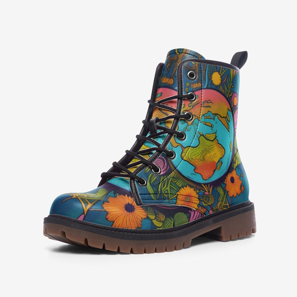 Hippie Art Zone - Psychedelic Earth Artwork On Casual Leather Lightweight Boots For Hippies